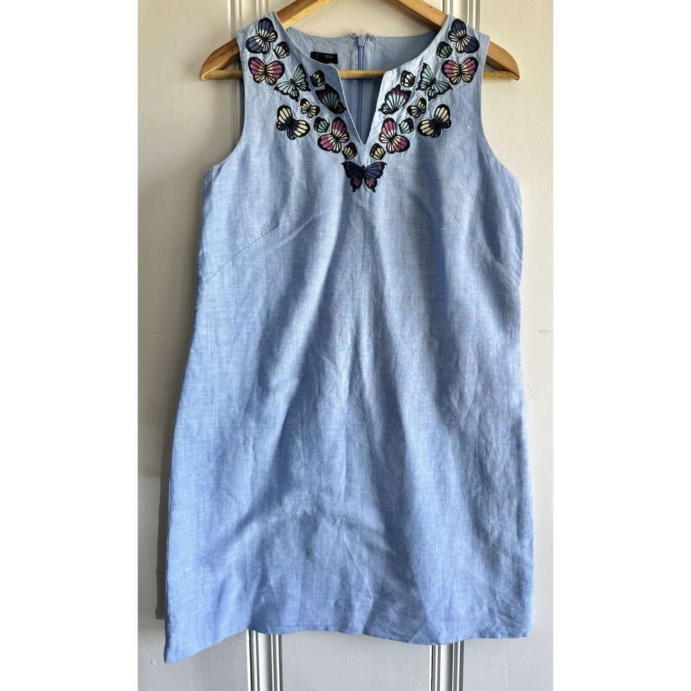 Talbots Linen Embroidered Butterfly Shift Sleeveless Dress Blue 8P Summer Casua